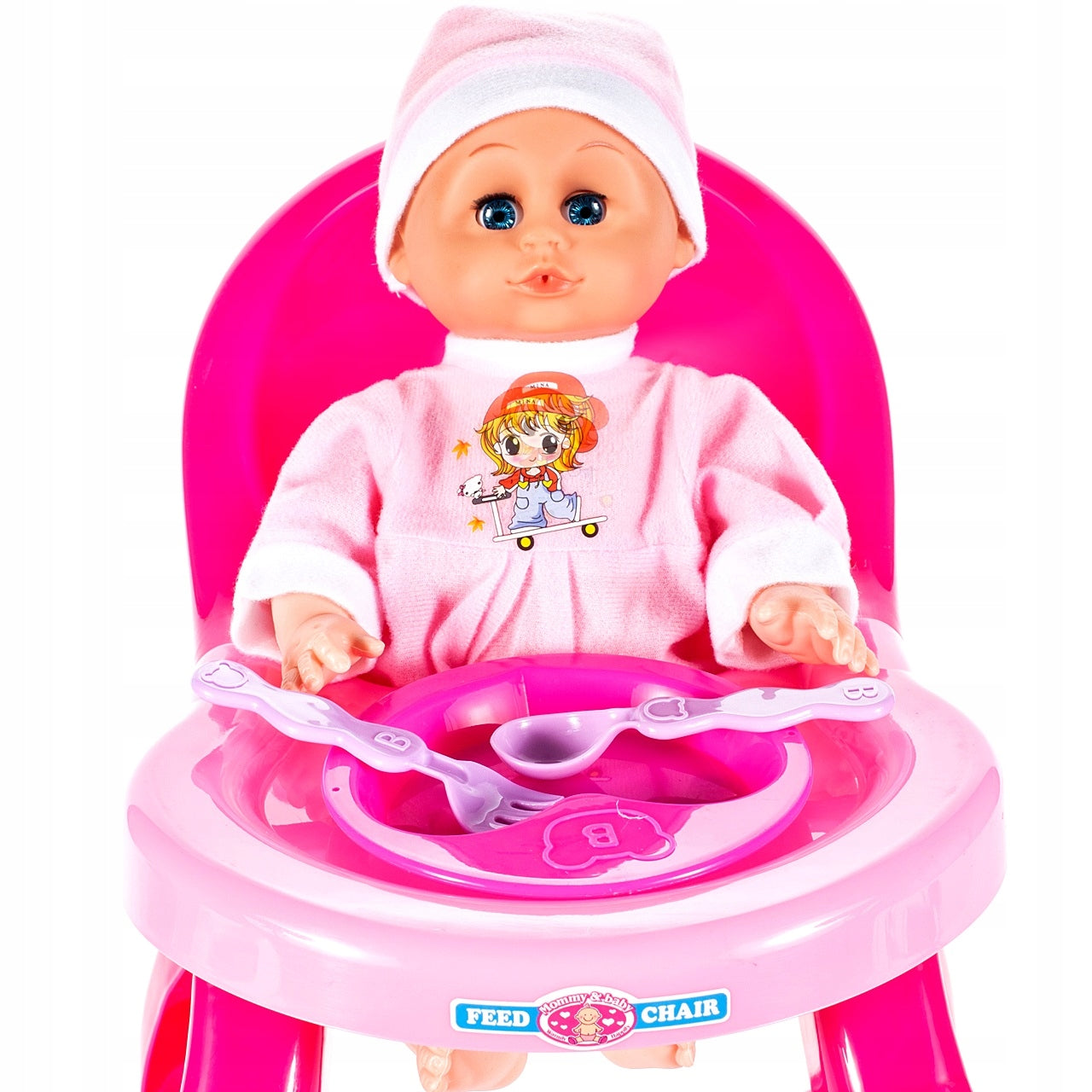 Set Papusa de jucarie IDL BABY PINK cu Scaunel de Hranire si Accesorii tematice realiste pentru jocul de roluri, Incurajeaza dezvoltarea personala intr-un mod distractiv stimuland inteligenta fetitelor, Culoare-Roz