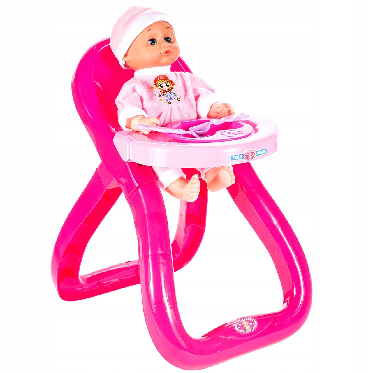 Set Papusa de jucarie IDL BABY PINK cu Scaunel de Hranire si Accesorii tematice realiste pentru jocul de roluri, Incurajeaza dezvoltarea personala intr-un mod distractiv stimuland inteligenta fetitelor, Culoare-Roz