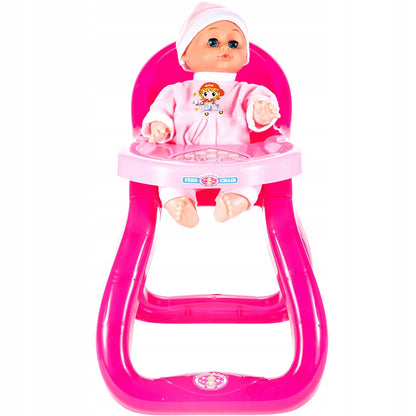 Set Papusa de jucarie IDL BABY PINK cu Scaunel de Hranire si Accesorii tematice realiste pentru jocul de roluri, Incurajeaza dezvoltarea personala intr-un mod distractiv stimuland inteligenta fetitelor, Culoare-Roz