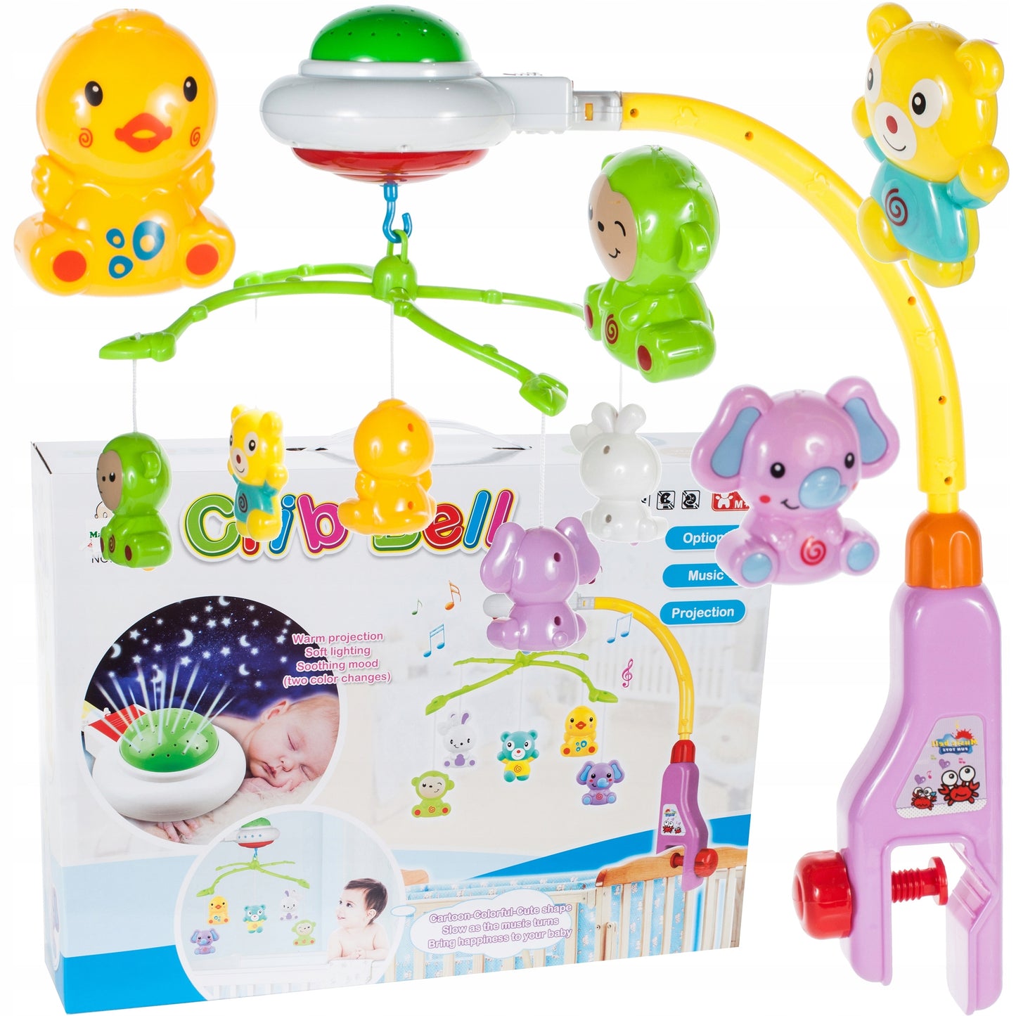 Carusel interactiv IDL Sweet Dreams cu Proiector ce afiseaza o varietate de simboluri in diferite culori, Accesorizat cu buton de rotire si diverse jucarii in forma de animale ce aduc linistea pe chipul bebelusului