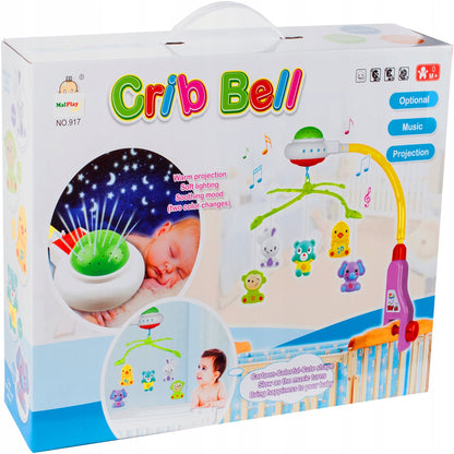 Carusel interactiv IDL Sweet Dreams cu Proiector ce afiseaza o varietate de simboluri in diferite culori, Accesorizat cu buton de rotire si diverse jucarii in forma de animale ce aduc linistea pe chipul bebelusului