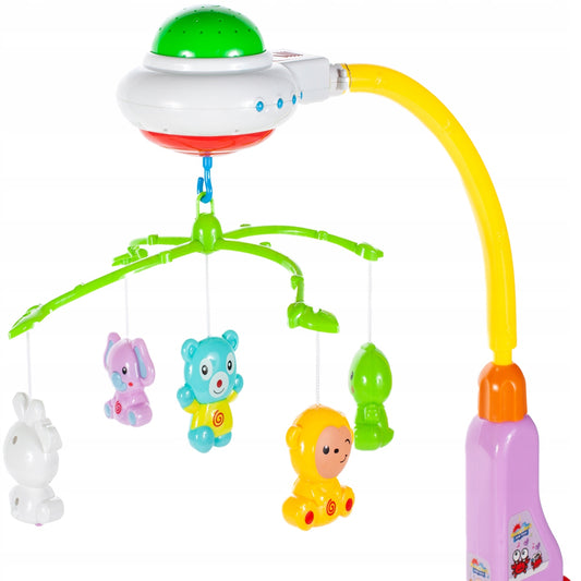 Carusel interactiv IDL Sweet Dreams cu Proiector ce afiseaza o varietate de simboluri in diferite culori, Accesorizat cu buton de rotire si diverse jucarii in forma de animale ce aduc linistea pe chipul bebelusului