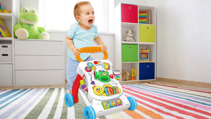 Antepremergator 3 in 1 IdealStore Monkey First Step, cu sunete si melodii, jucarii detasabile trompeta, maimuta, ajuta la coordonarea ochi-mana-sunet, combina invatarea si jocul