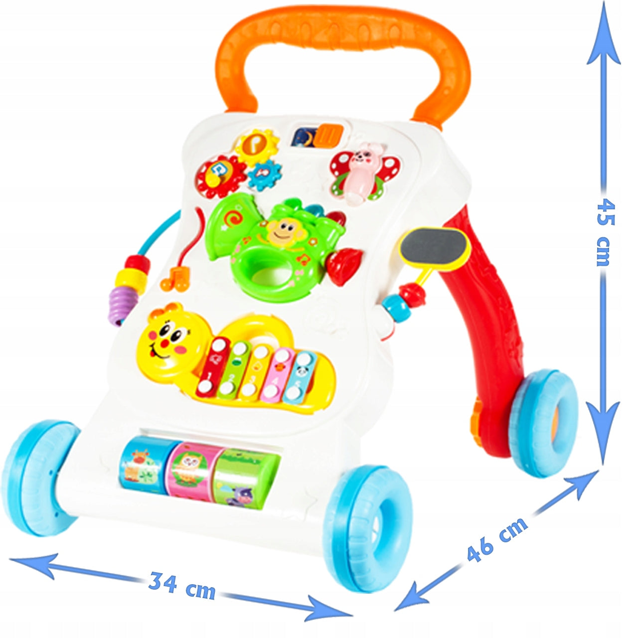 Antepremergator 3 in 1 IdealStore Monkey First Step, cu sunete si melodii, jucarii detasabile trompeta, maimuta, ajuta la coordonarea ochi-mana-sunet, combina invatarea si jocul