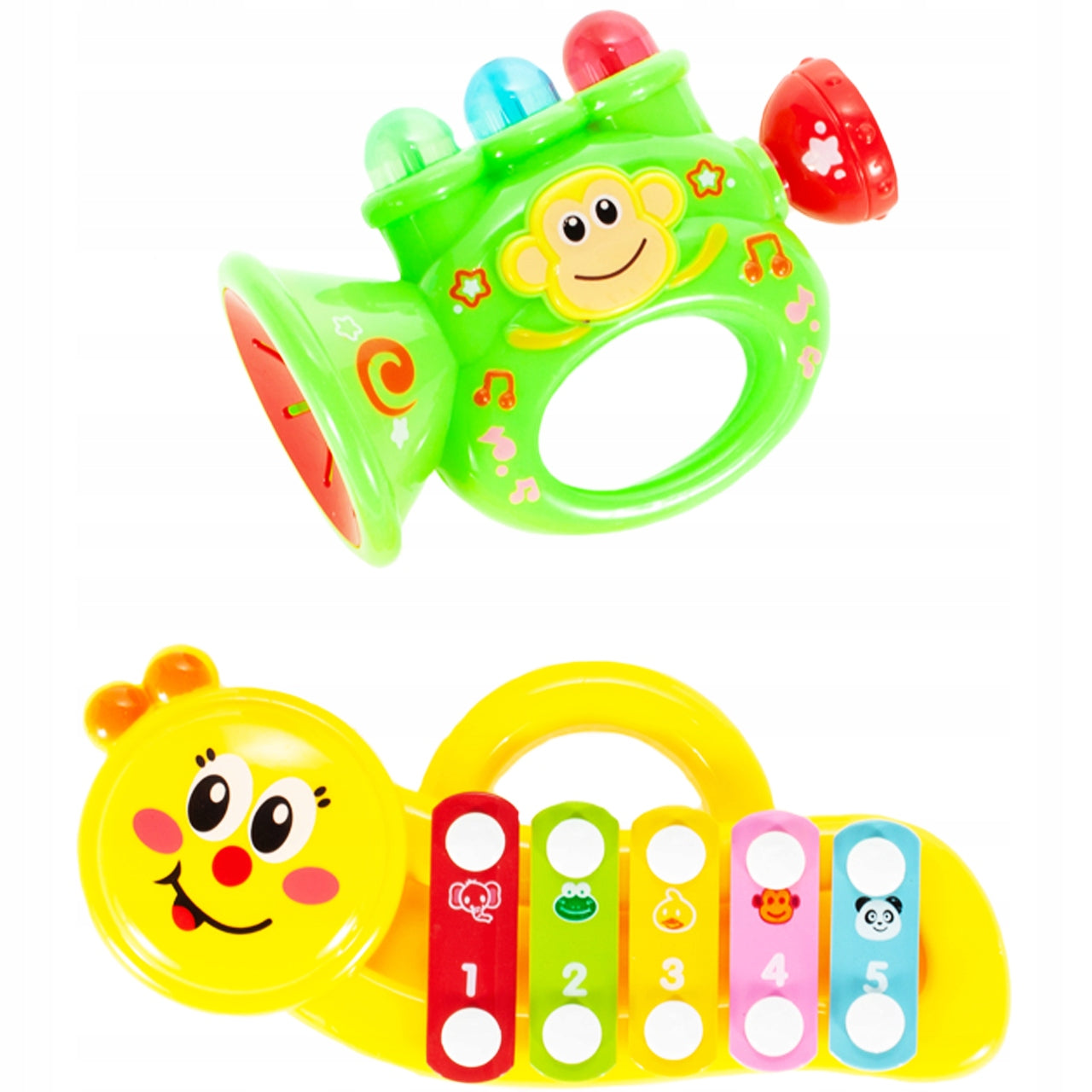 Antepremergator 3 in 1 IdealStore Monkey First Step, cu sunete si melodii, jucarii detasabile trompeta, maimuta, ajuta la coordonarea ochi-mana-sunet, combina invatarea si jocul