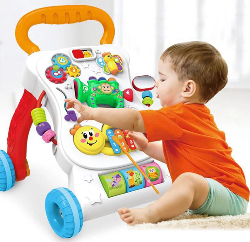 Antepremergator 3 in 1 IdealStore Monkey First Step, cu sunete si melodii, jucarii detasabile trompeta, maimuta, ajuta la coordonarea ochi-mana-sunet, combina invatarea si jocul