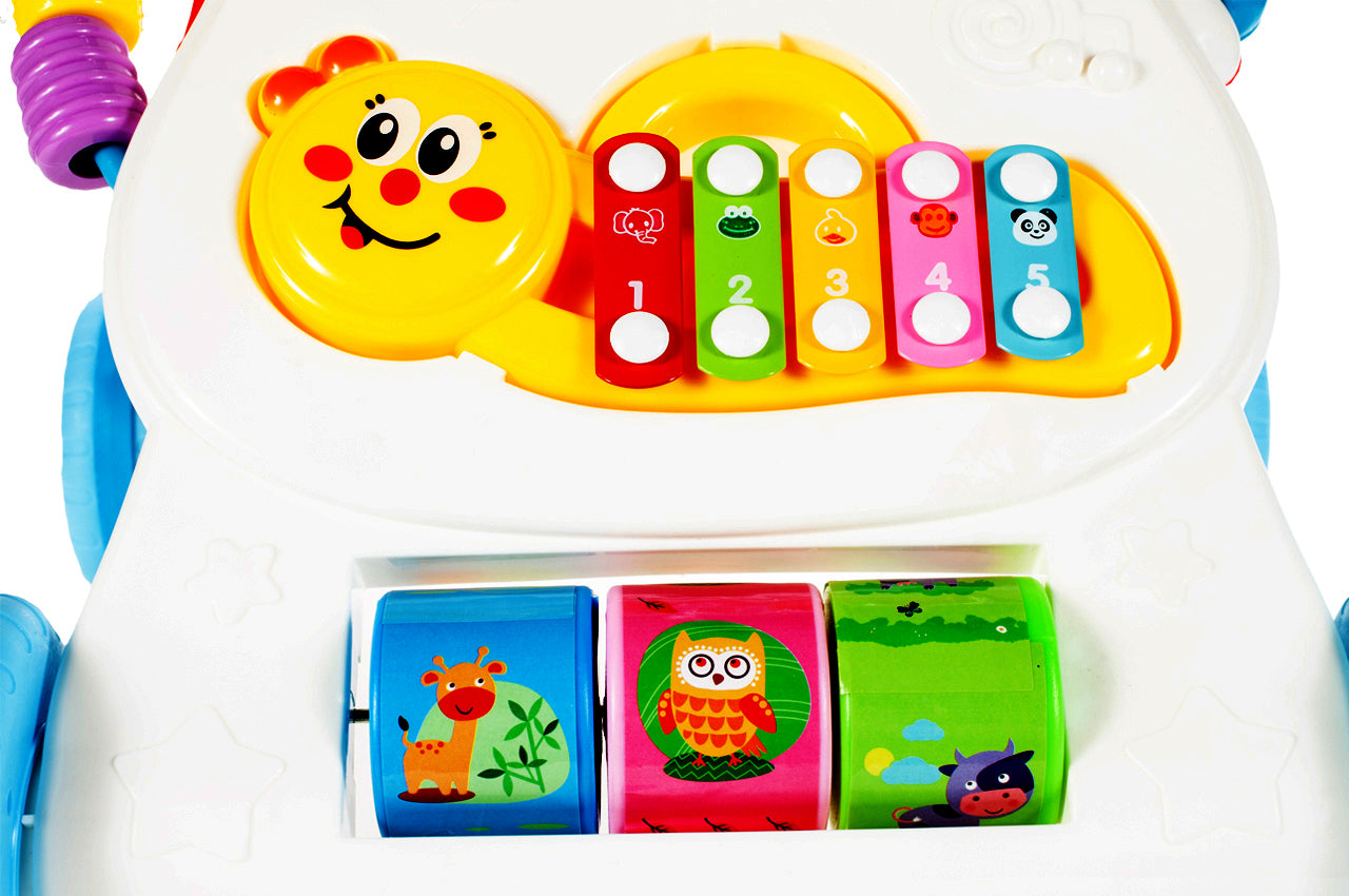 Antepremergator 3 in 1 IdealStore Monkey First Step, cu sunete si melodii, jucarii detasabile trompeta, maimuta, ajuta la coordonarea ochi-mana-sunet, combina invatarea si jocul