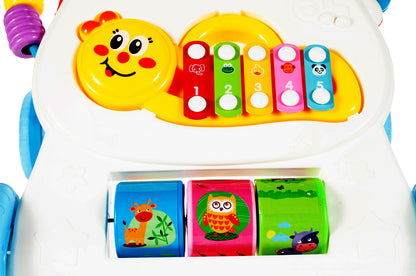 Antepremergator 3 in 1 IdealStore Monkey First Step, cu sunete si melodii, jucarii detasabile trompeta, maimuta, ajuta la coordonarea ochi-mana-sunet, combina invatarea si jocul