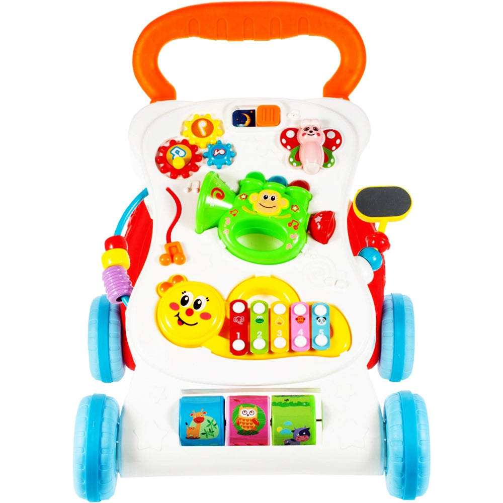 Antepremergator 3 in 1 IdealStore Monkey First Step, cu sunete si melodii, jucarii detasabile trompeta, maimuta, ajuta la coordonarea ochi-mana-sunet, combina invatarea si jocul