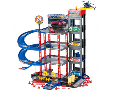 Set de joaca complex idealSTORE RACING PARKING, DIMENSIUNI 47 X 34 X 48, Accesorizat cu elemente simbolice, Ascensor mobil, Masinute, Elicopter, semne informative ce dezolvolta abilitati manuale si stimuleaza imaginatia copiilor