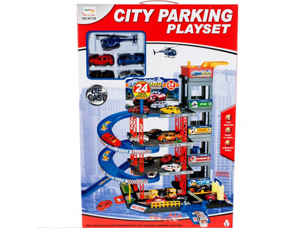 Set de joaca complex idealSTORE RACING PARKING, DIMENSIUNI 47 X 34 X 48, Accesorizat cu elemente simbolice, Ascensor mobil, Masinute, Elicopter, semne informative ce dezolvolta abilitati manuale si stimuleaza imaginatia copiilor