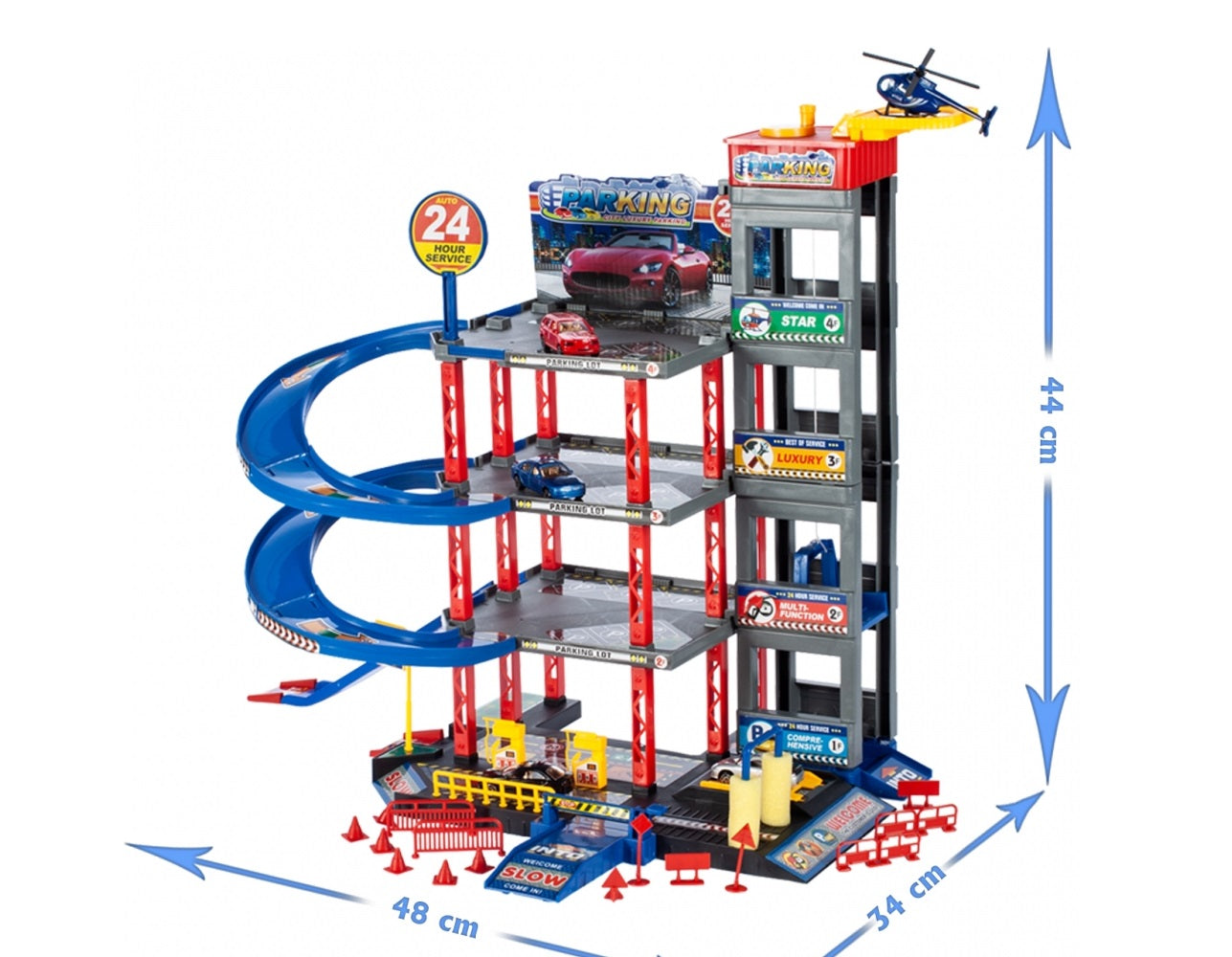Set de joaca complex idealSTORE RACING PARKING, DIMENSIUNI 47 X 34 X 48, Accesorizat cu elemente simbolice, Ascensor mobil, Masinute, Elicopter, semne informative ce dezolvolta abilitati manuale si stimuleaza imaginatia copiilor