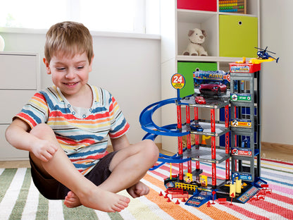 Set de joaca complex idealSTORE RACING PARKING, DIMENSIUNI 47 X 34 X 48, Accesorizat cu elemente simbolice, Ascensor mobil, Masinute, Elicopter, semne informative ce dezolvolta abilitati manuale si stimuleaza imaginatia copiilor