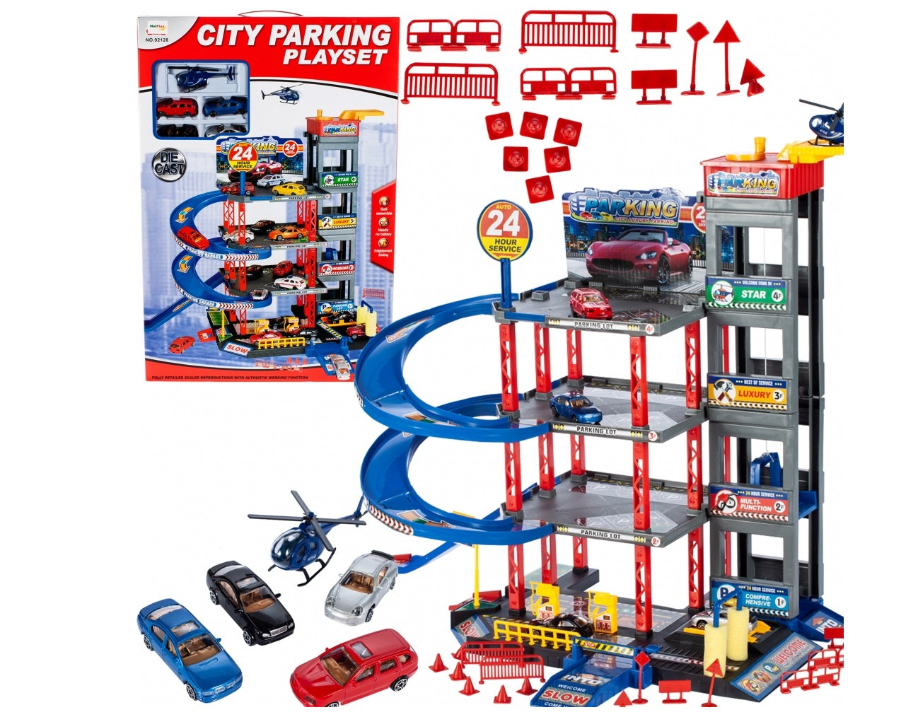 Set de joaca complex idealSTORE RACING PARKING, DIMENSIUNI 47 X 34 X 48, Accesorizat cu elemente simbolice, Ascensor mobil, Masinute, Elicopter, semne informative ce dezolvolta abilitati manuale si stimuleaza imaginatia copiilor