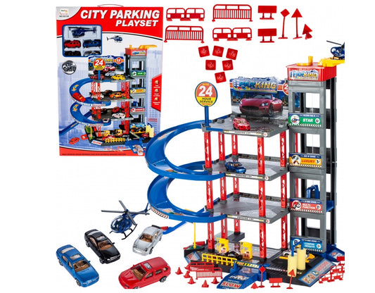 Set de joaca complex idealSTORE RACING PARKING, DIMENSIUNI 47 X 34 X 48, Accesorizat cu elemente simbolice, Ascensor mobil, Masinute, Elicopter, semne informative ce dezolvolta abilitati manuale si stimuleaza imaginatia copiilor