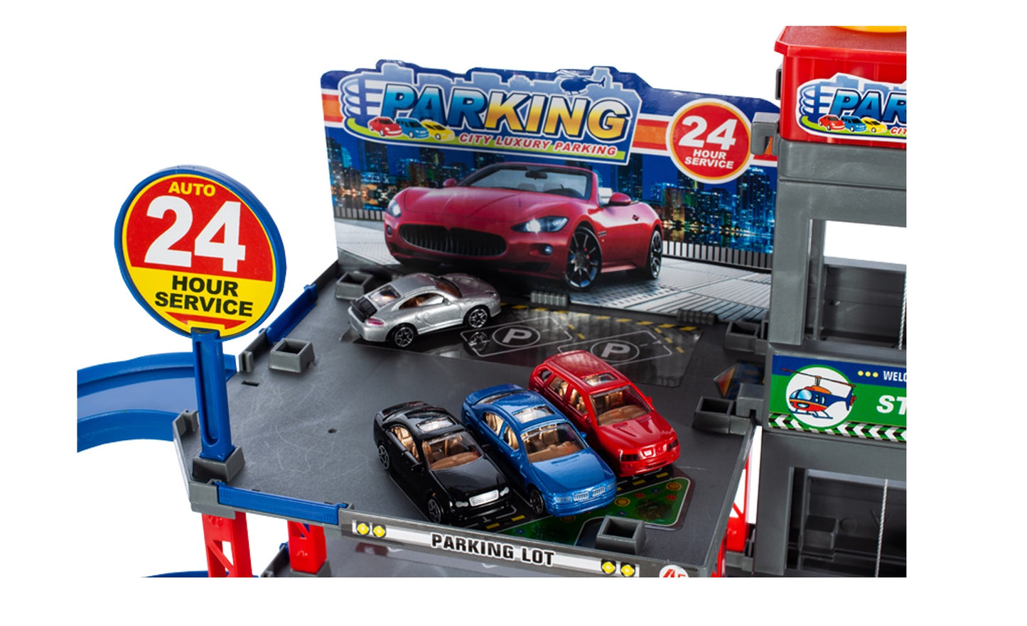 Set de joaca complex idealSTORE RACING PARKING, DIMENSIUNI 47 X 34 X 48, Accesorizat cu elemente simbolice, Ascensor mobil, Masinute, Elicopter, semne informative ce dezolvolta abilitati manuale si stimuleaza imaginatia copiilor