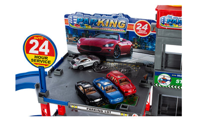 Set de joaca complex idealSTORE RACING PARKING, DIMENSIUNI 47 X 34 X 48, Accesorizat cu elemente simbolice, Ascensor mobil, Masinute, Elicopter, semne informative ce dezolvolta abilitati manuale si stimuleaza imaginatia copiilor