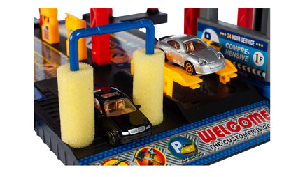 Set de joaca complex idealSTORE RACING PARKING, DIMENSIUNI 47 X 34 X 48, Accesorizat cu elemente simbolice, Ascensor mobil, Masinute, Elicopter, semne informative ce dezolvolta abilitati manuale si stimuleaza imaginatia copiilor