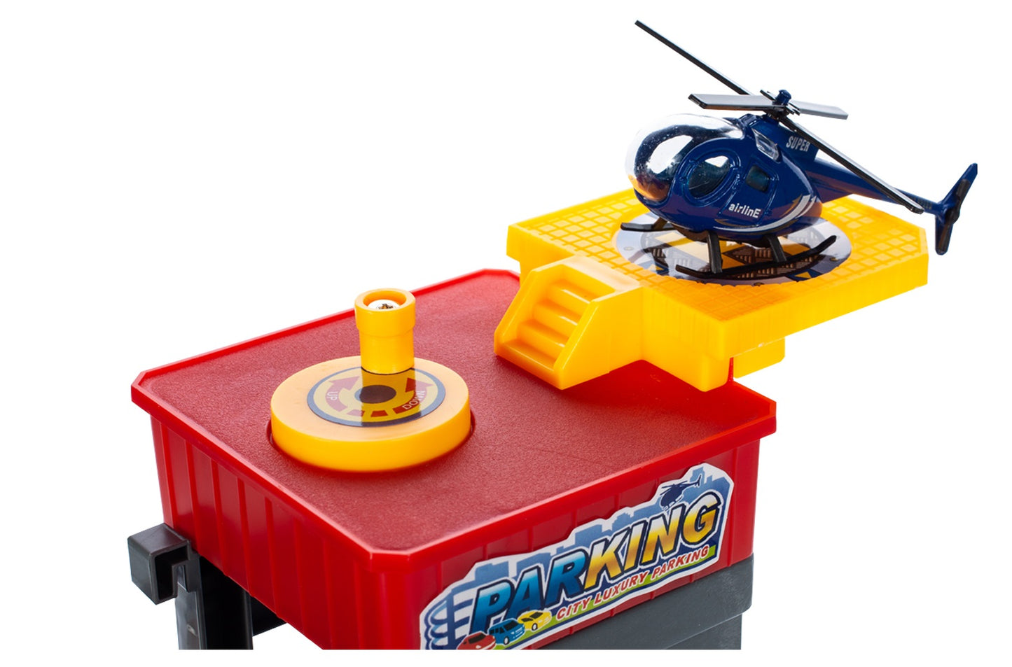 Set de joaca complex idealSTORE RACING PARKING, DIMENSIUNI 47 X 34 X 48, Accesorizat cu elemente simbolice, Ascensor mobil, Masinute, Elicopter, semne informative ce dezolvolta abilitati manuale si stimuleaza imaginatia copiilor