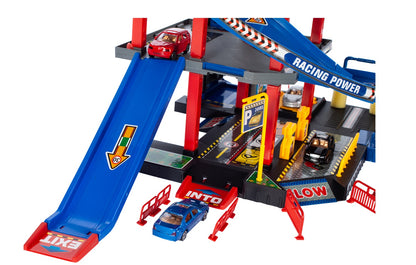 Set de joaca complex idealSTORE RACING PARKING, DIMENSIUNI 47 X 34 X 48, Accesorizat cu elemente simbolice, Ascensor mobil, Masinute, Elicopter, semne informative ce dezolvolta abilitati manuale si stimuleaza imaginatia copiilor