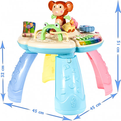 Masuta educationala interactiva 6 in 1 idealSTORE Funny Dance Monkey, Include elemente mobile ce sporesc abilitatile motrice, O idee pentru distractie si un mod original de a imbunatatii dezvoltarea corespunzatoare a copilului