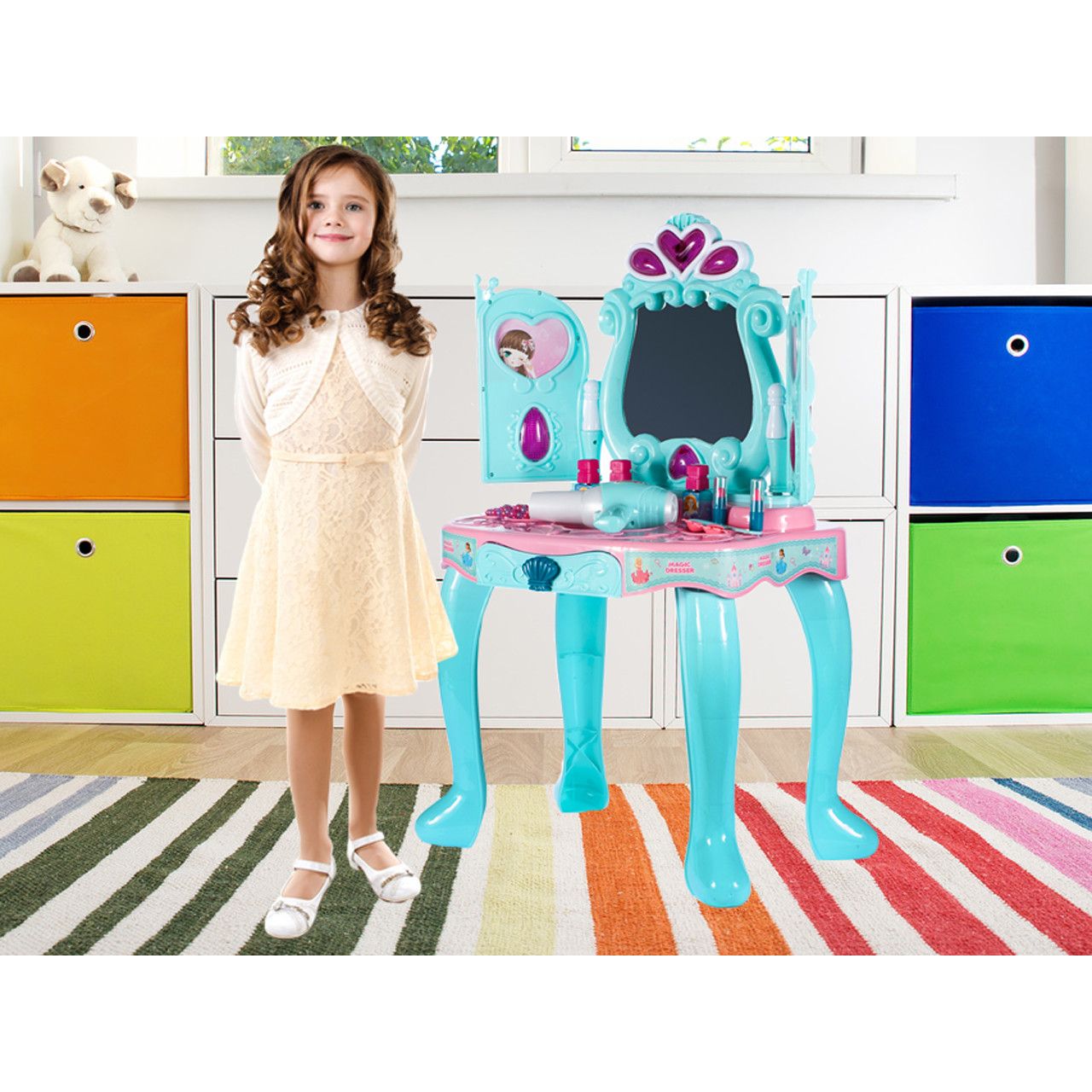 Masuta de MAKE-UP pentru fetite, PRINCESS MAGIC DRESSING, Multiple Accesorii CHIC pentru infrumsetare, Jocurile de lumini si sunete intregesc DECORUL orcarei printese, Spatiu de depozitare inclus, Culoare-Turcoaz