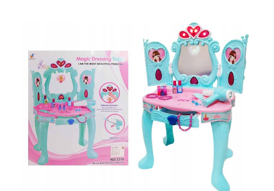 Masuta de MAKE-UP pentru fetite, PRINCESS MAGIC DRESSING, Multiple Accesorii CHIC pentru infrumsetare, Jocurile de lumini si sunete intregesc DECORUL orcarei printese, Spatiu de depozitare inclus, Culoare-Turcoaz