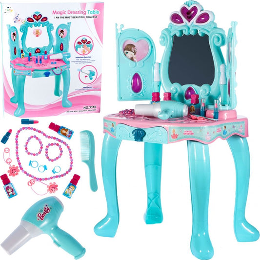 Masuta de MAKE-UP pentru fetite, PRINCESS MAGIC DRESSING, Multiple Accesorii CHIC pentru infrumsetare, Jocurile de lumini si sunete intregesc DECORUL orcarei printese, Spatiu de depozitare inclus, Culoare-Turcoaz