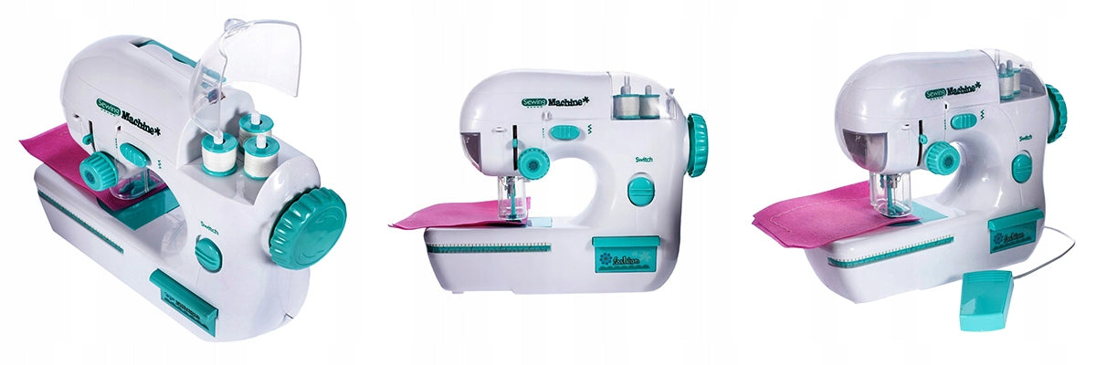 Set de Rol, Masina de Cusut Electrica, SEWING MACHINE, cu Ac cu Aparatoare, 3 Bobine, Pedala cu 115 Cm Cablu, Realista, Alb/Verde
