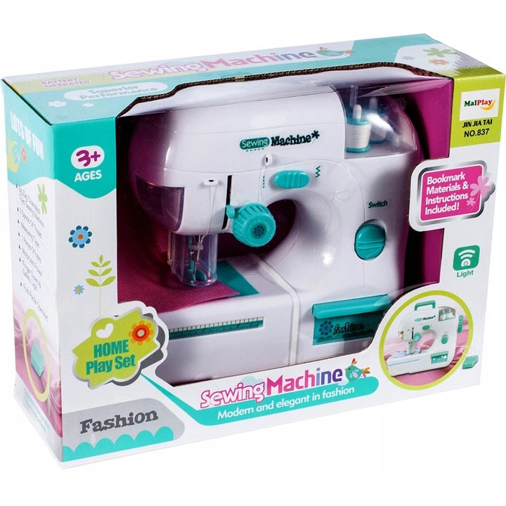 Set de Rol, Masina de Cusut Electrica, SEWING MACHINE, cu Ac cu Aparatoare, 3 Bobine, Pedala cu 115 Cm Cablu, Realista, Alb/Verde