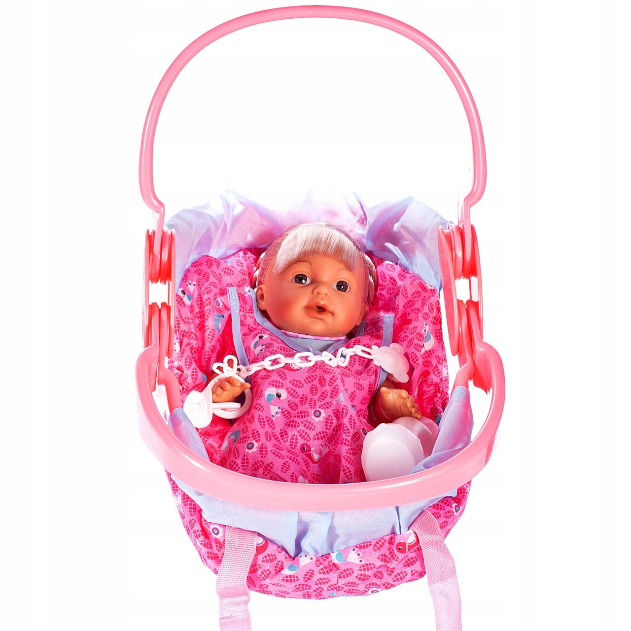 Set Papusa Interactiva idealStore Baby Doll cu Cos, Interactiva, Maini si Picioare Mobile, Suzeta cu Prindere, Biberon, Rosteste Cuvinte de Baza