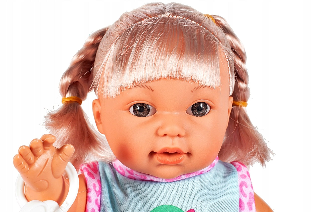 Set Papusa Interactiva idealStore Baby Doll cu Cos, Interactiva, Maini si Picioare Mobile, Suzeta cu Prindere, Biberon, Rosteste Cuvinte de Baza