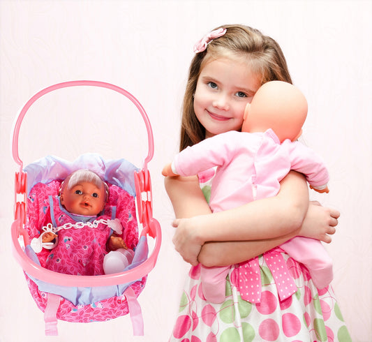 Set Papusa Interactiva idealStore Baby Doll cu Cos, Interactiva, Maini si Picioare Mobile, Suzeta cu Prindere, Biberon, Rosteste Cuvinte de Baza