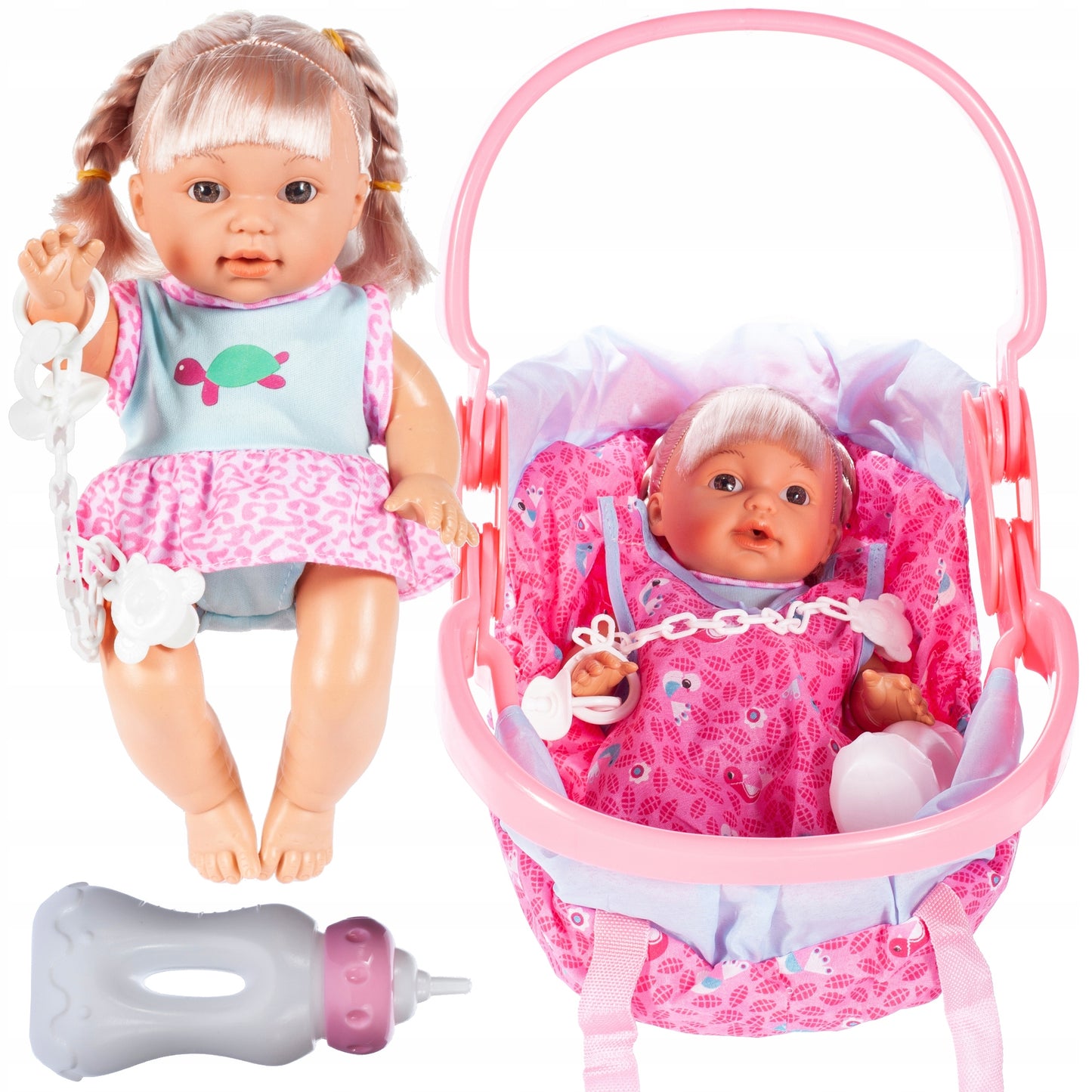 Set Papusa Interactiva idealStore Baby Doll cu Cos, Interactiva, Maini si Picioare Mobile, Suzeta cu Prindere, Biberon, Rosteste Cuvinte de Baza