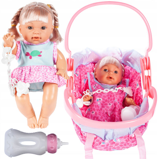 Set Papusa Interactiva idealStore Baby Doll cu Cos, Interactiva, Maini si Picioare Mobile, Suzeta cu Prindere, Biberon, Rosteste Cuvinte de Baza