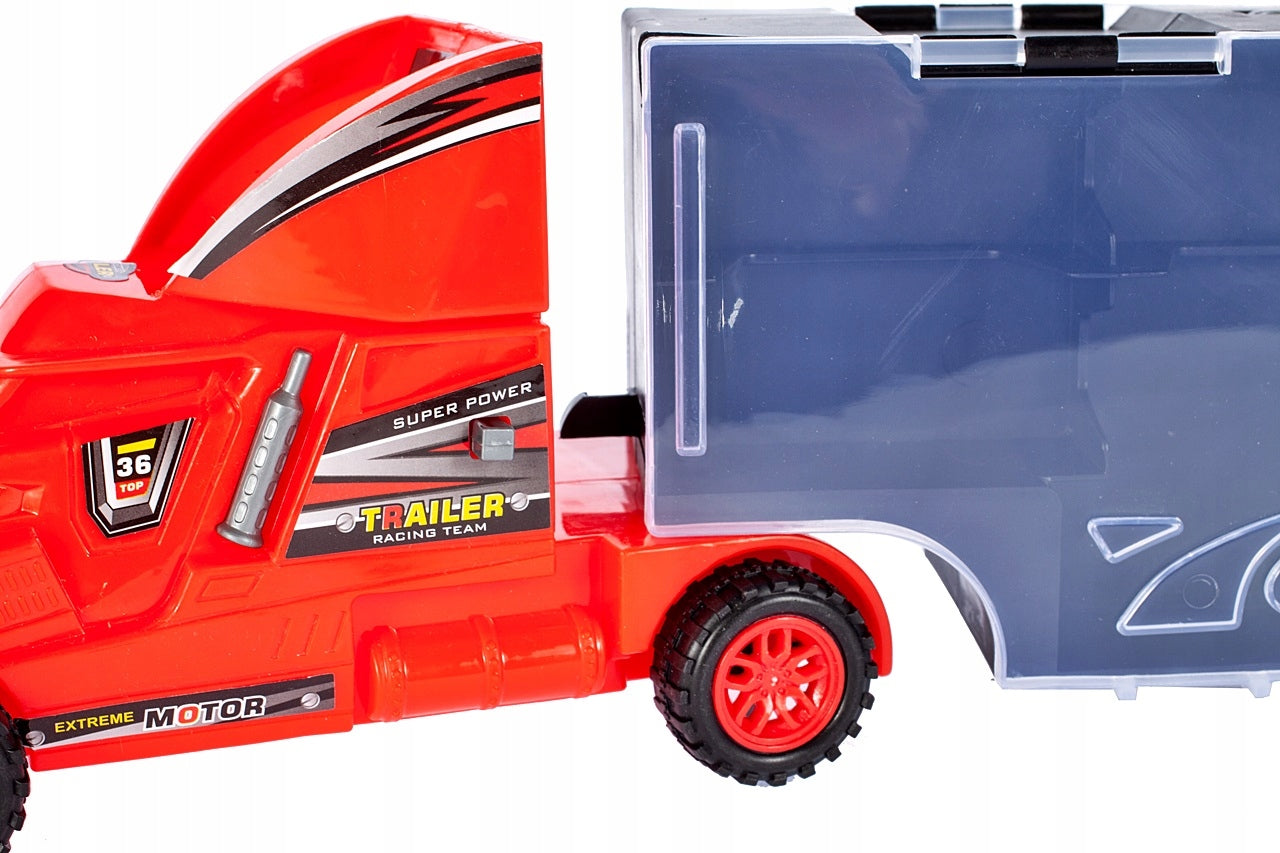 Camion cu 10 MASINUTE Metalice IDL, DOUBLE DUSTY, Echipat cu 6 Roti Mobile ce permit copilului sa Descopere DISTRACTIA, Accesorizat cu Autocolante colorate si 2 piste pentru masini, Ideal pentru micii colectionari