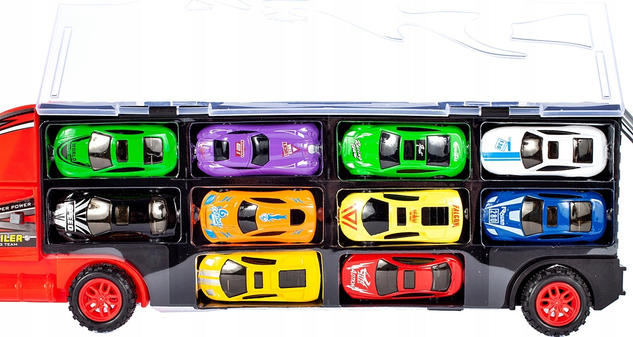 Camion cu 10 MASINUTE Metalice IDL, DOUBLE DUSTY, Echipat cu 6 Roti Mobile ce permit copilului sa Descopere DISTRACTIA, Accesorizat cu Autocolante colorate si 2 piste pentru masini, Ideal pentru micii colectionari