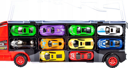 Camion cu 10 MASINUTE Metalice IDL, DOUBLE DUSTY, Echipat cu 6 Roti Mobile ce permit copilului sa Descopere DISTRACTIA, Accesorizat cu Autocolante colorate si 2 piste pentru masini, Ideal pentru micii colectionari