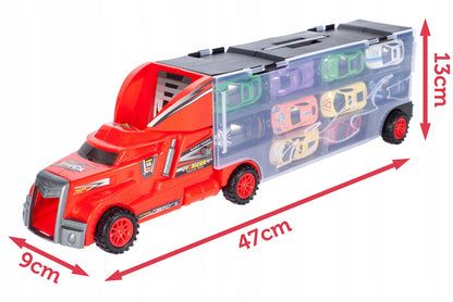 Camion cu 10 MASINUTE Metalice IDL, DOUBLE DUSTY, Echipat cu 6 Roti Mobile ce permit copilului sa Descopere DISTRACTIA, Accesorizat cu Autocolante colorate si 2 piste pentru masini, Ideal pentru micii colectionari