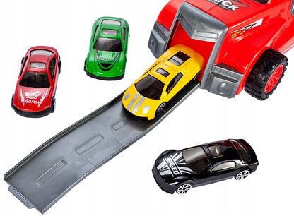 Camion cu 10 MASINUTE Metalice IDL, DOUBLE DUSTY, Echipat cu 6 Roti Mobile ce permit copilului sa Descopere DISTRACTIA, Accesorizat cu Autocolante colorate si 2 piste pentru masini, Ideal pentru micii colectionari