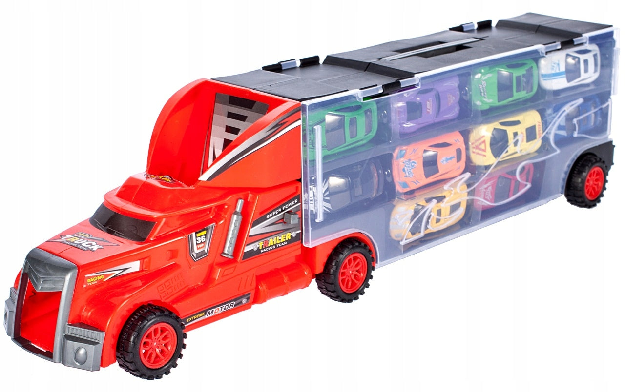 Camion cu 10 MASINUTE Metalice IDL, DOUBLE DUSTY, Echipat cu 6 Roti Mobile ce permit copilului sa Descopere DISTRACTIA, Accesorizat cu Autocolante colorate si 2 piste pentru masini, Ideal pentru micii colectionari