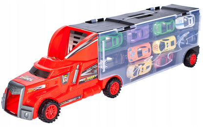 Camion cu 10 MASINUTE Metalice IDL, DOUBLE DUSTY, Echipat cu 6 Roti Mobile ce permit copilului sa Descopere DISTRACTIA, Accesorizat cu Autocolante colorate si 2 piste pentru masini, Ideal pentru micii colectionari