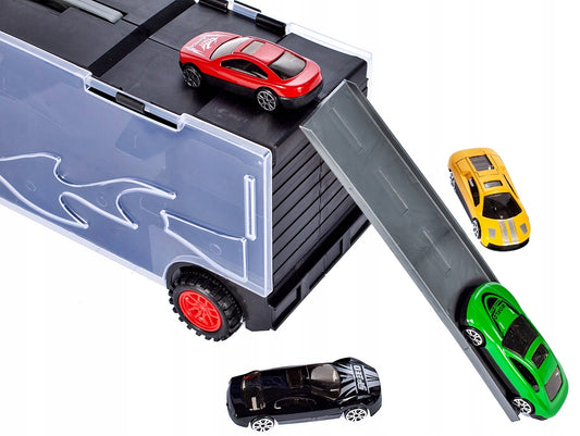 Camion cu 10 MASINUTE Metalice IDL, DOUBLE DUSTY, Echipat cu 6 Roti Mobile ce permit copilului sa Descopere DISTRACTIA, Accesorizat cu Autocolante colorate si 2 piste pentru masini, Ideal pentru micii colectionari