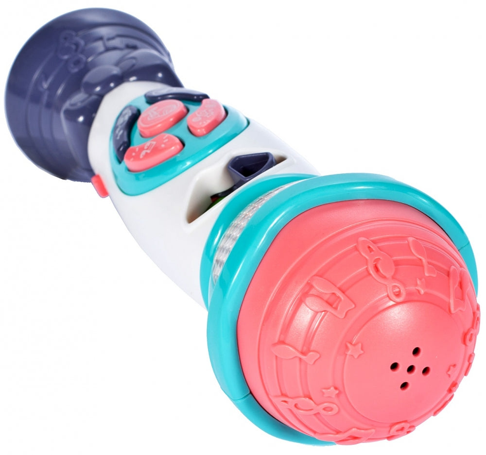 Microfon de Jucarie cu efecte de iluminare idealSTORE BABY'S MUSIC, Functie de inregistrare si redare, Permite schimbarea vocii unui copil in vocea mamei si a tatalui, Ofera distractie si bucurie in descoperirea talentului