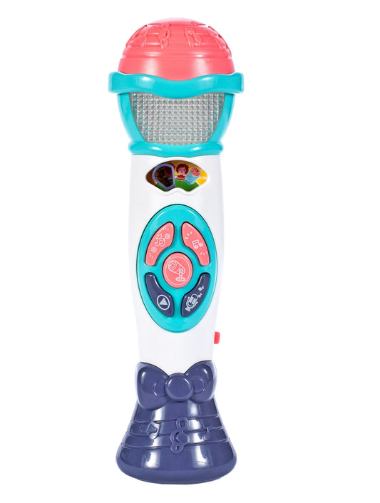 Microfon de Jucarie cu efecte de iluminare idealSTORE BABY'S MUSIC, Functie de inregistrare si redare, Permite schimbarea vocii unui copil in vocea mamei si a tatalui, Ofera distractie si bucurie in descoperirea talentului