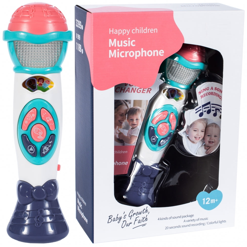 Microfon de Jucarie cu efecte de iluminare idealSTORE BABY'S MUSIC, Functie de inregistrare si redare, Permite schimbarea vocii unui copil in vocea mamei si a tatalui, Ofera distractie si bucurie in descoperirea talentului