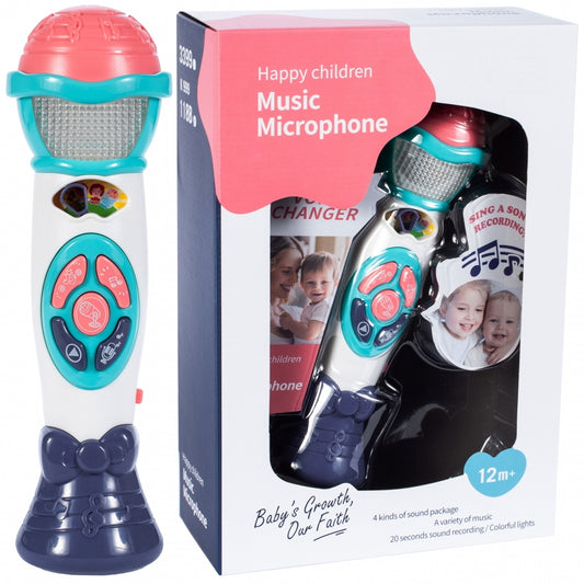 Microfon de Jucarie cu efecte de iluminare idealSTORE BABY'S MUSIC, Functie de inregistrare si redare, Permite schimbarea vocii unui copil in vocea mamei si a tatalui, Ofera distractie si bucurie in descoperirea talentului