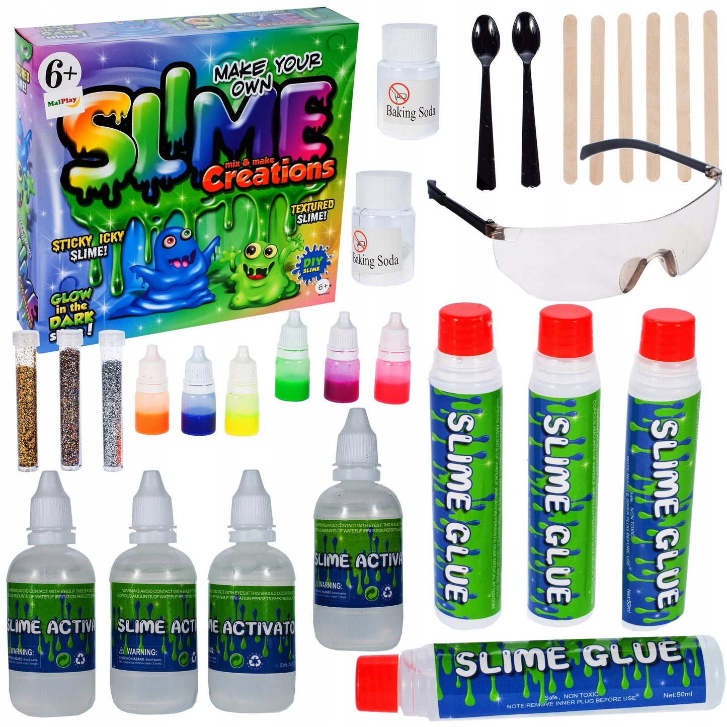 Kit de Slime Sticky Slimes idealStore, Vopsele Colorate, Pudra Straluctitoare, Ochelari de Chimist, Accesorii Incluse, Joc Distractiv si Educativ