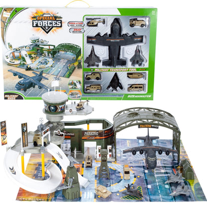 Baza MILITARA cu Aerodrom IDL SPECIAL FORCES, Stimuleaza imaginatia si dexteritatea, Ofera posibilitatea de exercitare a abilitatilor manuale, Accesorizata cu elemente simbolice pentru o distractie garantata, Multicolora