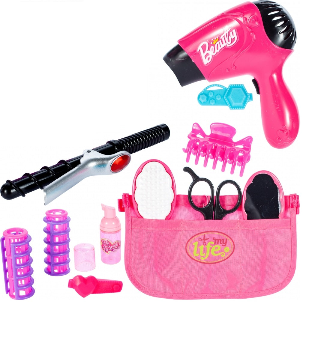 Set complet de Styling pentru fete idealSTORE, BEAUTY FASHION BARBER, Echipat cu 13 accesorii simbolice ce vor difersifica distractia, Kitul sustine invatarea echipamentelor de coafura si a abilitatilor motorii